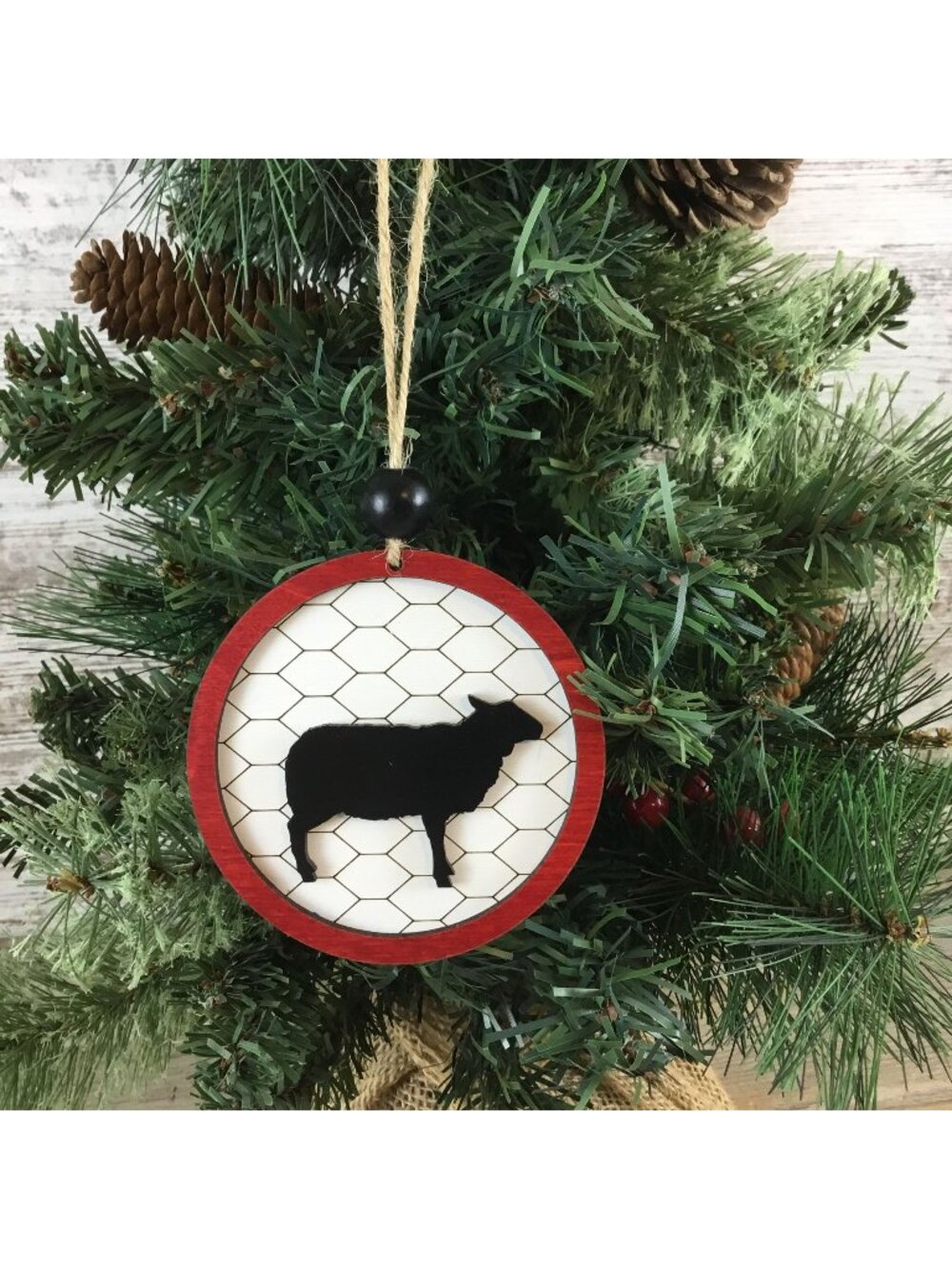 Sheep Rustic Farm Christmas Ornament with Laser-Cut Chicken Wire Pattern